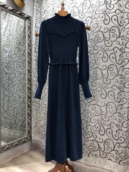 Megztas Ilgas Suknelė 2020 M. Rudens-Žiemos Mados, Stiliaus Moterų Golfo Pynimas Deco Ilgomis Rankovėmis Juoda Tamsiai Mėlyna Ilgas Megztinis Suknelė