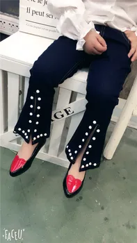 Merginos džinsai 2017 m. pavasarį naujas splitas šakių kelnes mbroidered raketos mergaičių drabužius meninos naujovė stiliaus blyksnius vaikai kelnės šalis