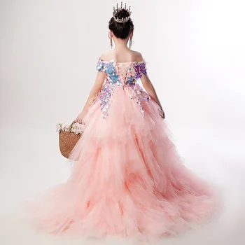 Merginos Princesė Suknelė B019 2020 Rožinė Nuo Peties Blizgančiais Gėlių Mergaičių Suknelės Elegantiškas Trumpas Rankovės Valtis Kaklo Traukinio Kamuolys Suknelė