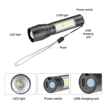 Mini Nešiojamas 2 Q5 LED Žibintuvėlis Žibintų 3 Darbo Režimai Flash Šviesos Fakelas USB Įkrovimo Lauko Žvejyba, Kempingas Fotoblykstės