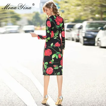 MoaaYina Mados Dizaineris suknelė Pavasarį, Rudenį Moterų Suknelė ilgomis rankovėmis Išaugo Floral-Print Slim Suknelės