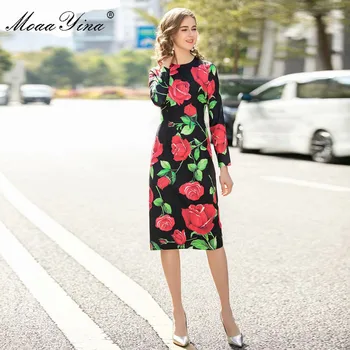 MoaaYina Mados Dizaineris suknelė Pavasarį, Rudenį Moterų Suknelė ilgomis rankovėmis Išaugo Floral-Print Slim Suknelės