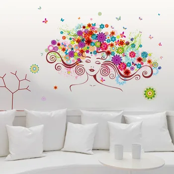 Modernaus stiliaus abstraktus spalvinga moteris gėlių siena lipdukas miegamojo kambarį princesė kambario foną namų puošybai