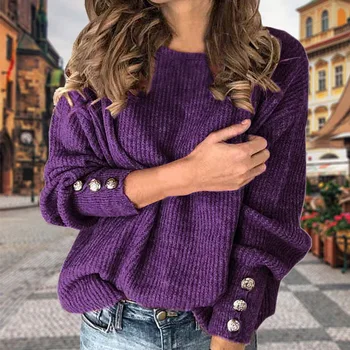Moteris Rudens-Žiemos Megztiniai O-kaklo, ilgomis Rankovėmis Mygtuką Apdailos Megztinis Viršūnes Ponios Atsitiktinis Megztinis Plius Dydis S-5XL