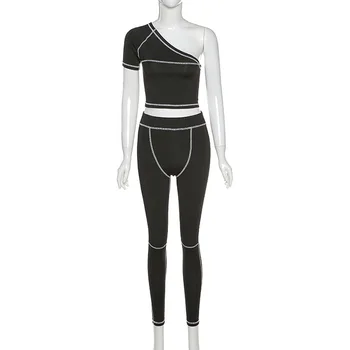 Moterų Dryžuotas Atsitiktinis Nustatyti Du Gabalus Fitneso Tracksuit 2020 Metų Vasaros Elastinga Tees Aukšto Juosmens Moterų Antblauzdžiai Sportwear Apranga