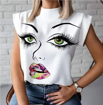 Moterų Elegantiškas Lūpų Spausdinti palaidinė marškinėliai 2020 metų Vasaros Atsitiktinis Stovėti Kaklo Puloveriai viršūnes Ponios Mados mielas Akis Trumpas Rankovės