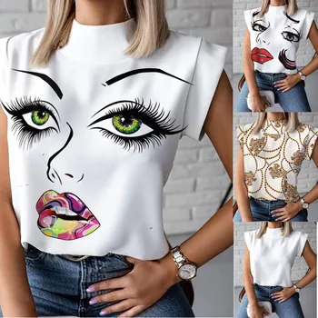 Moterų Elegantiškas Lūpų Spausdinti palaidinė marškinėliai 2020 metų Vasaros Atsitiktinis Stovėti Kaklo Puloveriai viršūnes Ponios Mados mielas Akis Trumpas Rankovės