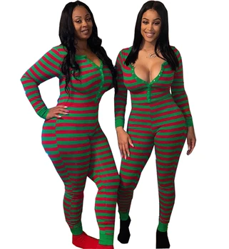 Moterų Ilgas Rankovėmis Dryžuotas Jumpsuit Pižama Seksualus Gilus V Neck Slim Fit Ruožas Atsitiktinis Bodysuit Kalėdų Vakarėlį Homewear Sleepwear