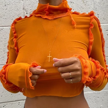 Moterų Ilgas Rankovėmis Golfo Marškinėliai Seksualus Permatomas Akies Neon Bodycon Pasėlių Viršuje Harajuku Raukiniai Kratinys Clubwear