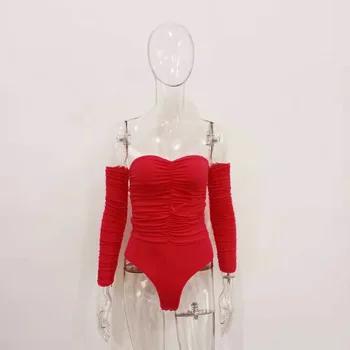 Moterų Liesas Bodysuits Seksualus Klubas Off Peties Ilgomis Rankovėmis Streetwear Jumpsuit Stebėjimo Aksomo Bodysuit Red White Lady Rompers