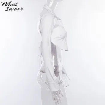 Moterų marškinėliai seksualus, elegantiškas ilgomis rankovėmis backless moterų Marškinėlius balta streetwear balta buttern lady viršūnes naujas ruduo