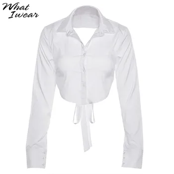 Moterų marškinėliai seksualus, elegantiškas ilgomis rankovėmis backless moterų Marškinėlius balta streetwear balta buttern lady viršūnes naujas ruduo