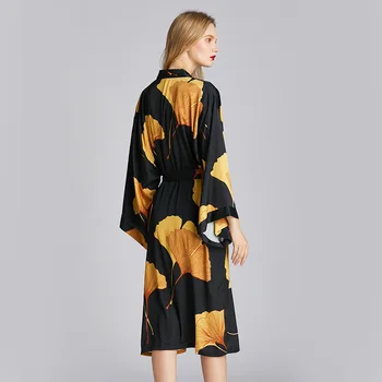 Moterų Namų Skraiste Naujas Sleepwear Moterų Pavasario Vasaros Vidurio-ilgis Plius Dydžio Chalatą Padažu Suknelė Klevo Lapų Spausdinimo Kimono Moterims