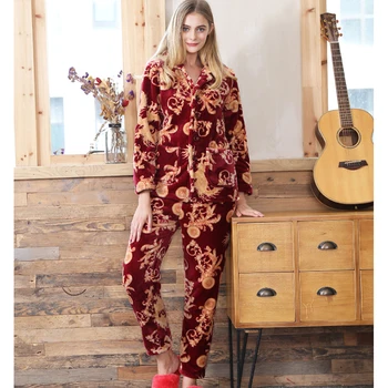 Moterų Naujų Flanelė Aksomo Sleepwear Print Pižama Moterų Storas, Šiltas Namų Drabužių Rinkiniai Žiemos Ilgos Rankovės Atsitiktinis Jaukus 28385