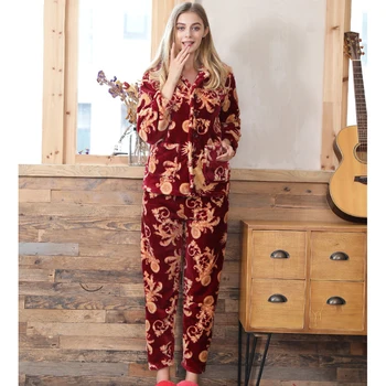 Moterų Naujų Flanelė Aksomo Sleepwear Print Pižama Moterų Storas, Šiltas Namų Drabužių Rinkiniai Žiemos Ilgos Rankovės Atsitiktinis Jaukus
