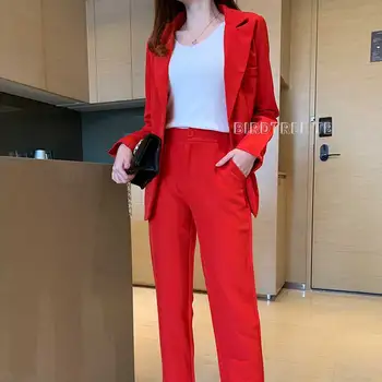 Moterų Office Lady Dviejų dalių Rinkiniai Tvirtą Raudona Elegantiškas Vieno Krūtinėmis Turn-žemyn Apykaklės Sportiniai švarkai (bleizeriai) Ir Capris Kelnės S88705Y