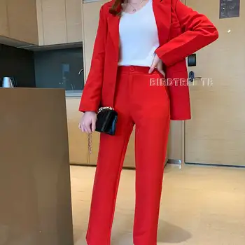 Moterų Office Lady Dviejų dalių Rinkiniai Tvirtą Raudona Elegantiškas Vieno Krūtinėmis Turn-žemyn Apykaklės Sportiniai švarkai (bleizeriai) Ir Capris Kelnės S88705Y