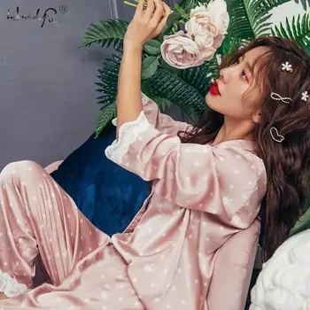Moterų Pižama Mergaitėms Namų Kostiumas Satino Pižamos Femme Brangioji Lounge Nustatyti Polka Dot Pijamas Mujer Sleepwear Pižamą