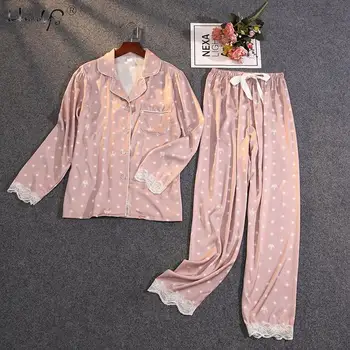 Moterų Pižama Mergaitėms Namų Kostiumas Satino Pižamos Femme Brangioji Lounge Nustatyti Polka Dot Pijamas Mujer Sleepwear Pižamą