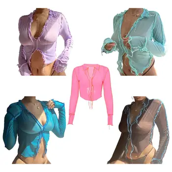 Moterų Sexy Vien Akies Marškinėliai Ilgomis Rankovėmis Neon Dryžuotas Kratinys Pasėlių Viršuje Bodycon V-Kaklo Ruffles Kutai Šalies Clubwear