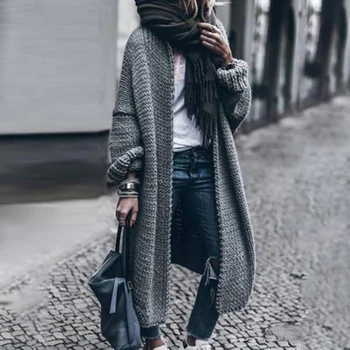 Moterų Žiemos Streetwear susagstomi megztiniai Megztinis ilgomis Rankovėmis Megzti Atidaryti Priekiniai Trikotažas Vidutinio ilgio Kailis 4063