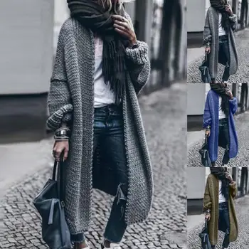 Moterų Žiemos Streetwear susagstomi megztiniai Megztinis ilgomis Rankovėmis Megzti Atidaryti Priekiniai Trikotažas Vidutinio ilgio Kailis