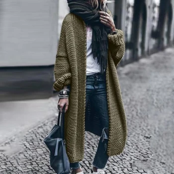 Moterų Žiemos Streetwear susagstomi megztiniai Megztinis ilgomis Rankovėmis Megzti Atidaryti Priekiniai Trikotažas Vidutinio ilgio Kailis