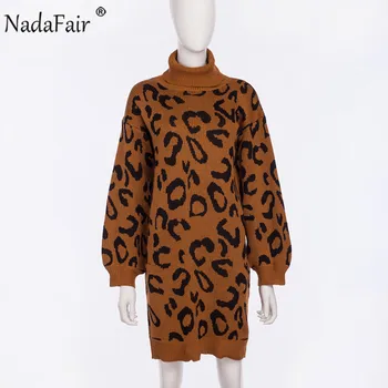 Nadafair Leopard Megztinis Suknelė Moterims Aukšto Kaklo Rudens Gyvūnų Spausdinti Prarasti Atsitiktinis Megzti Žiemos Dress