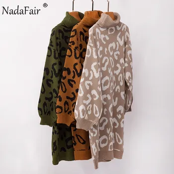Nadafair Leopard Megztinis Suknelė Moterims Aukšto Kaklo Rudens Gyvūnų Spausdinti Prarasti Atsitiktinis Megzti Žiemos Dress