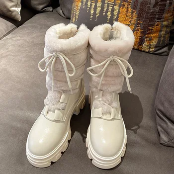 Nauja, Moterų Žiemos Šilti sniego batai natūralios Odos Ponios Kryžiaus Susieta Platforma Stori Kulnai Zippper Juodi Batai Moteris Vidurio Blauzdos Batai