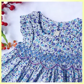 Nauja Vasaros Vaikai Mėlyna Smėlio spalvos Gėlių Spausdinti Rankovių Mielas Rankų darbo Smock Diržo Bowknot Mergaitės Vest Princesė 9-36M Suknelės