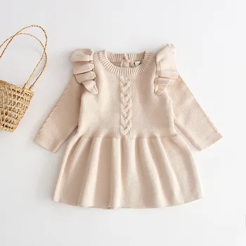 Naujagimio merginos rudens žiemos kietas long sleeve ruched suknelės kūdikiams mezgimo grynos medvilnės suknelė vaikams, kūdikių megztinis suknelė 0-3Y 8883