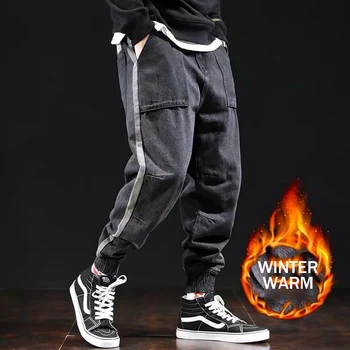 Naujai Mados Žiemą Šiltas Džinsai Vyrams, Palaidi Tinka Storo Aksomo Džinsinio Krovinių Kelnės Spliced Dizaineris Pločio Kojų Kelnės Hip-Hop Poilsiu