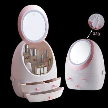 Naujas HD Veidrodėliai LED Šviesos Kosmetikos Laikymo Dėžutė Papuošalai, Makiažas Organizatorius USB Mokestis Kosmetikos Atveju Darbalaukio Stalčių Saugojimo Dėžutė