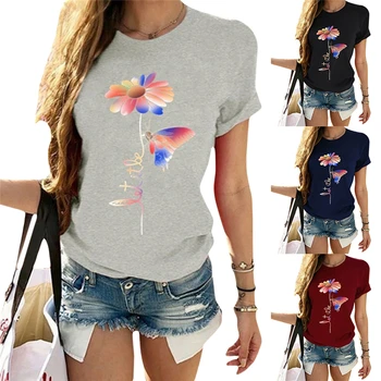 Naujas Moterys T-Shirt Gyvena Šiek Saulėgrąžų Trumpas Rankovės O-Kaklo Marškinėliai Moteriška Šviesiai Pilka 2020 Metų Vasaros T Shirt Ladies Viršūnes Tee