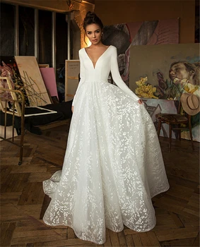 Naujas Nėrinių Vestuvių Suknelės 2021 ilgomis Rankovėmis V-kaklo, Boho Vestuvinės Suknelės Satino Backless Balta Vestido de noiva Plius dydis, pagaminti pagal užsakymą, 32262