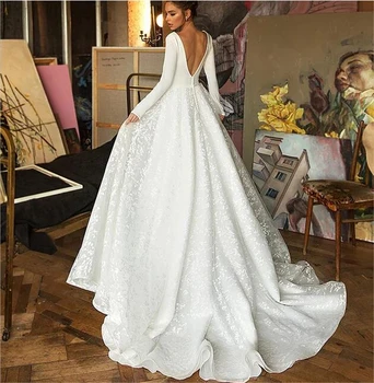 Naujas Nėrinių Vestuvių Suknelės 2021 ilgomis Rankovėmis V-kaklo, Boho Vestuvinės Suknelės Satino Backless Balta Vestido de noiva Plius dydis, pagaminti pagal užsakymą,