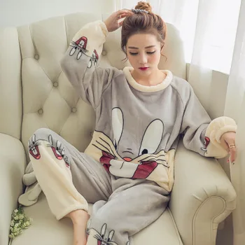 Naujas Žiemos Flanelė šilta pižama korėjos kawaii animacinių filmų Pajama Mados pijama mujer Laisvalaikio Namuose Medžiaga pižamos moterims Sleepwear