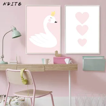 NDITB Baby Girl Nurser Sienos Meno Tapybos Drobės Pink Cartoon Gulbė Širdies Plakatus Spausdina Šiaurės Stiliaus Vaikams Apdailos Nuotraukas