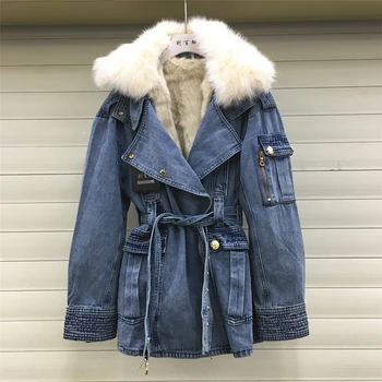 Nekilnojamojo Lapės kailio apykaklė storesnis, šiltas džinsinis paltas moteriška žiemos nekilnojamojo triušio kailio įdėklas nuimamas nekilnojamojo kailių paltai su diržo F2210