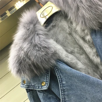 Nekilnojamojo Lapės kailio apykaklė storesnis, šiltas džinsinis paltas moteriška žiemos nekilnojamojo triušio kailio įdėklas nuimamas nekilnojamojo kailių paltai su diržo F2210