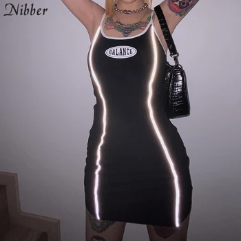Nibber madinga miesto gatvės atspindinčiomis juostomis suknelės moterų 2020 m. vasaros paprasta nėrinių medvilnės juoda bodycon mini suknelė ponios