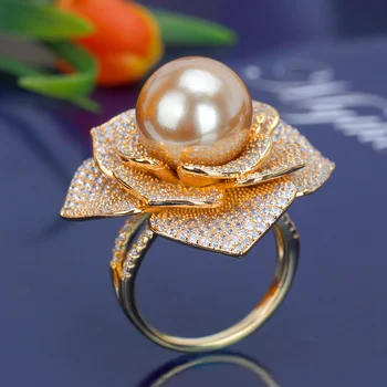 Nuotaka Kalbėti Perlų Žiedas Papuošalai Didelis Gėlių Formos Kubinis Cirkonis Aukso Spalvos Piršto Žiedai Moterims Vakare Šalies Vestuvių Dovana