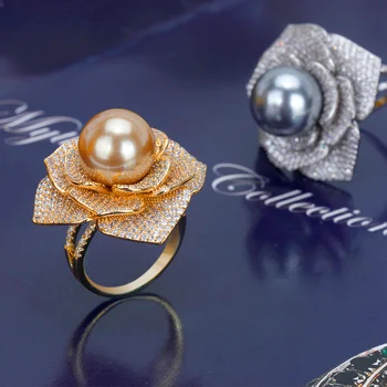 Nuotaka Kalbėti Perlų Žiedas Papuošalai Didelis Gėlių Formos Kubinis Cirkonis Aukso Spalvos Piršto Žiedai Moterims Vakare Šalies Vestuvių Dovana