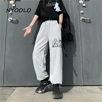 NYOOLO Harajuku streetwear didelis juosmens animacinių filmų spausdinti hip-hop kelnės moterims, Pavasarį, rudenį elastinga juosmens hip-hop kulkšnies ilgio kelnės