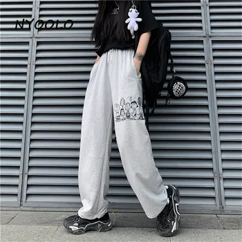 NYOOLO Harajuku streetwear didelis juosmens animacinių filmų spausdinti hip-hop kelnės moterims, Pavasarį, rudenį elastinga juosmens hip-hop kulkšnies ilgio kelnės