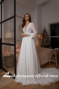 Nėriniai Boho Vestuvių Suknelė ilgomis rankovėmis bohemijos Vestuvinės Suknelės Linijos, Vestidos de Nova Lakshmigown 31255