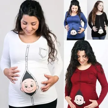 Nėščia Motinystės Marškinėliai Mielas Kūdikis Kyšantį Iš Juokinga Grafinis Tees Moterų Padėkos Ilgomis Rankovėmis Viršūnes