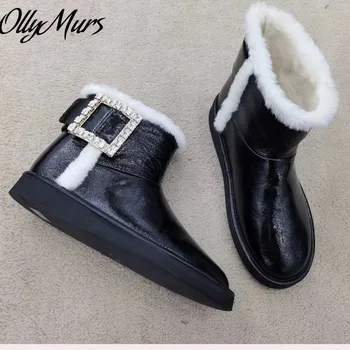Ollymurs Naujus Natūralios Odos Kristalų Sagtis Vilnos Šiltas Batai Paslysti Ant Butai Žiemos Sniego Batai Zapatos Mujer