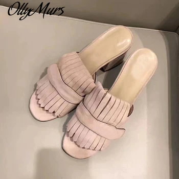 Ollymurs vasaros sandalai odiniai moteriški bateliai aukšto kulno platforma open toe šlepetės aukštos kokybės prekės batai Mulų